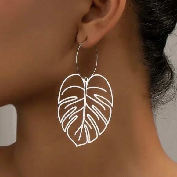 Golden Monstera Leaf Holographic Cut-out Dangle Earrings - Picture 6 of 6